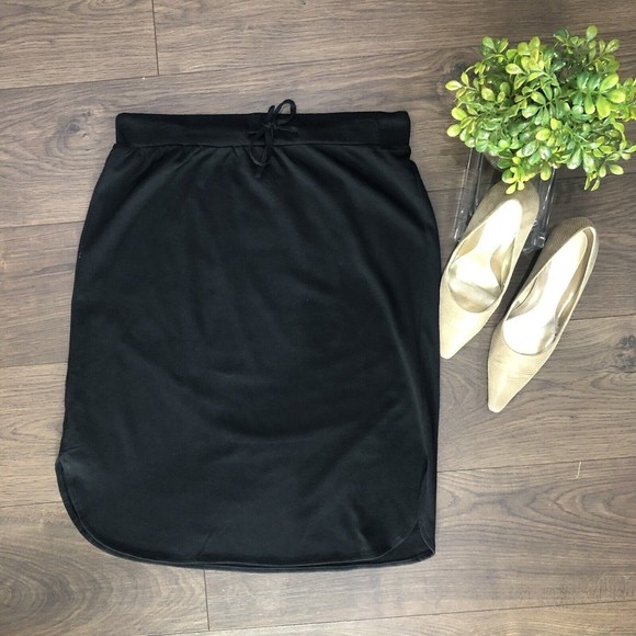 Women Drawstring Elastic Waist Dolphin Hem Stretch Jersey Midi Skirt Black L/XL - Picture 11 of 11